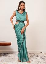 Silk Sattin Sky Blue Party Wear Stone Work Ready To Wear Saree